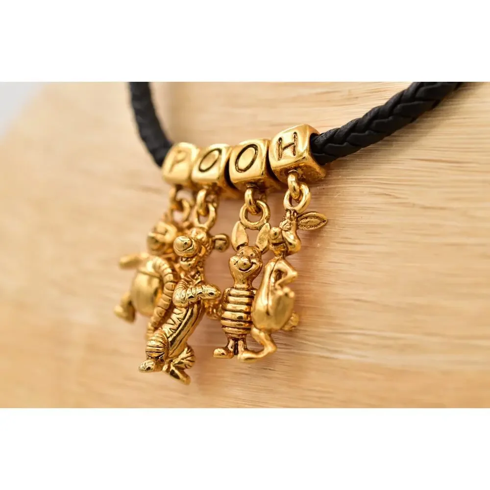Disney Winnie the Pooh Charm Necklace Black Braided Cord Gold-Tone 1990s BinBE